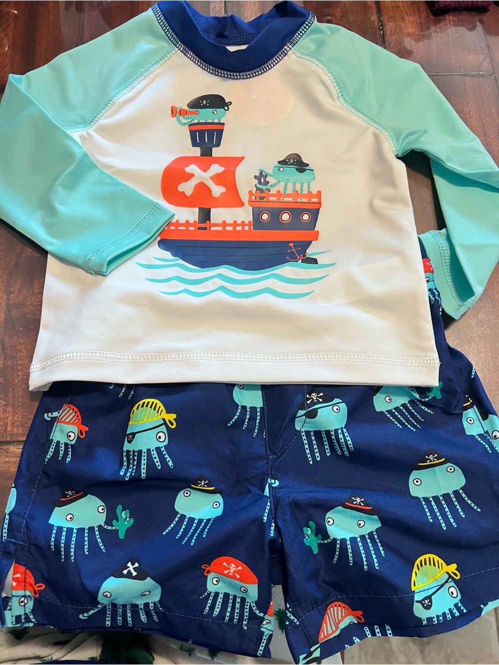 The Children's Place Boys Aqua Navy Pirate Octopus Swim Trunks & Rash Guard